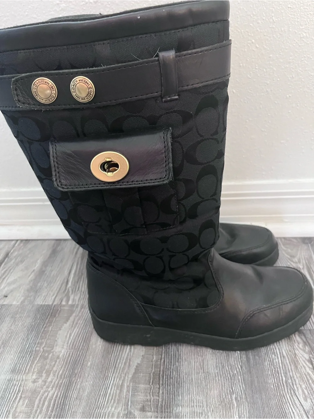 Coach Black Signature Canvas Mid-Calf Boots with Gold Hardware
